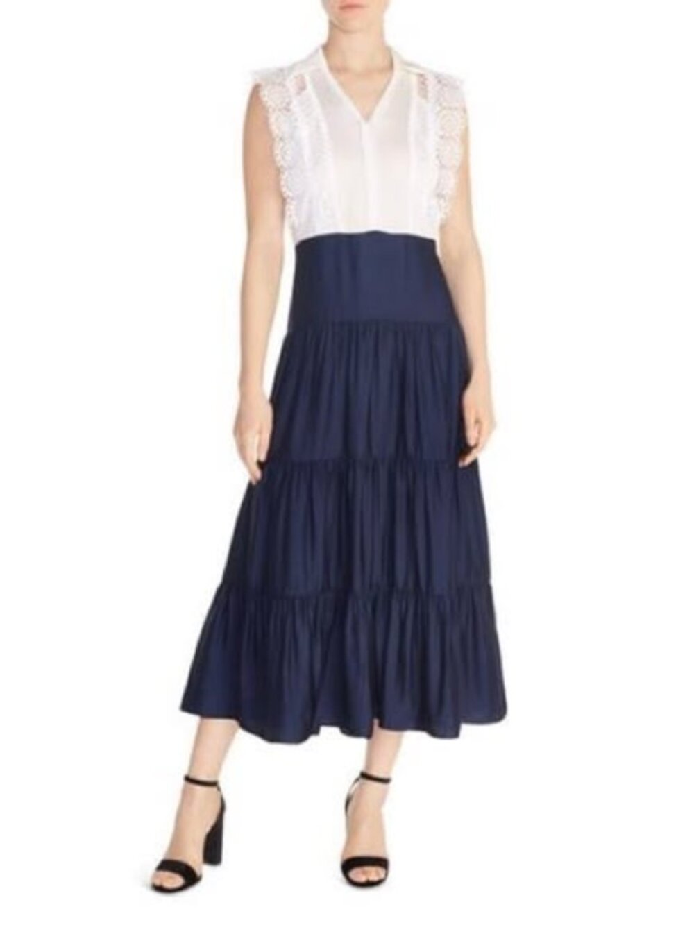 NWT Sandro Maxime Career Navy Tiered Lace Inset Midi Dress 38 EU M/L